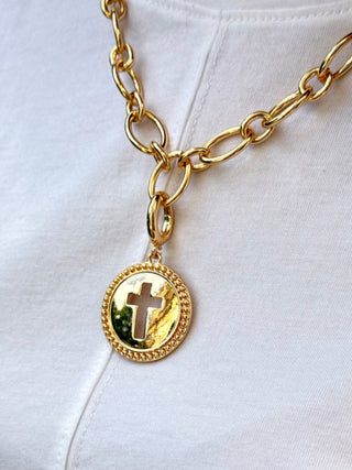 Cross Coin Pendant Charm - Gold