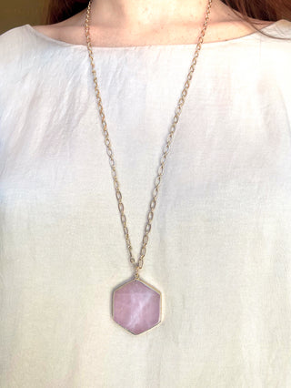 long gold cable chain necklace with large hexagonal rose quartz pendant