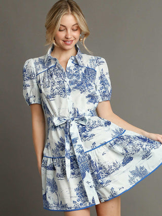 elegant blue toile mini dress with charming landscape print and self tie belt