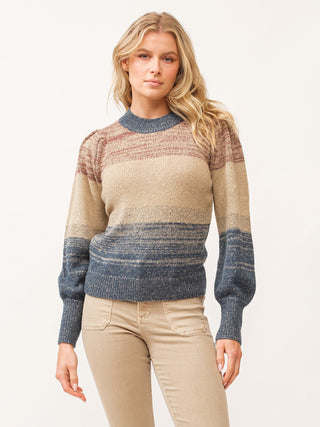 multi colored teal combo jacquard knit long sleeve sweater 