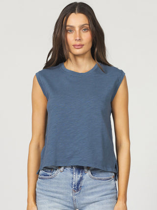 blue sleeveless crew neck tank top with back pleat