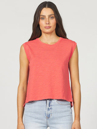 coral sleeveless crew neck tank top with back pleat