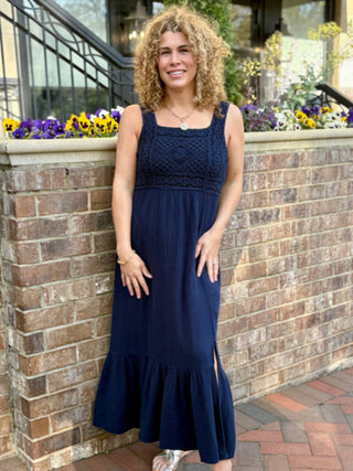 navy maxi dress crochet top slit on the bottom 