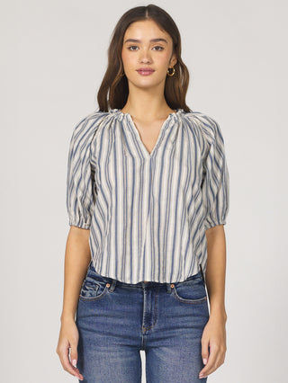 blue and white striped half sleeve top with split v neck and ruffle collar