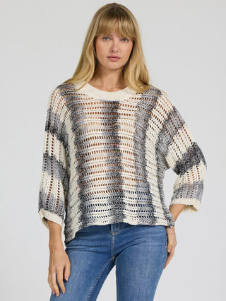 a breezy open knit crew neck sweater top in a gray and ivory striped pattern