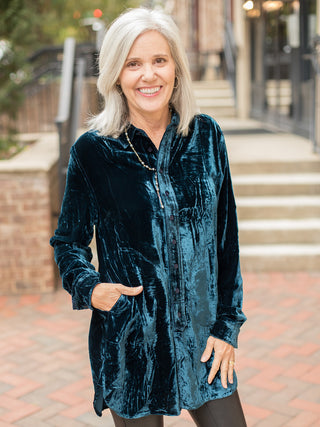 wear this peacock blue velvet button down in an oversized fit for holiday parties and everyday cozy winter dressing