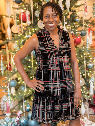 wear this velvet black plaid empire waist dress with a funky tiered skirt to holiday parties and christmas events