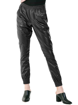 a pair of comfortable vegan leather black joggers with a stretch waist perfect for fall and winter fashion