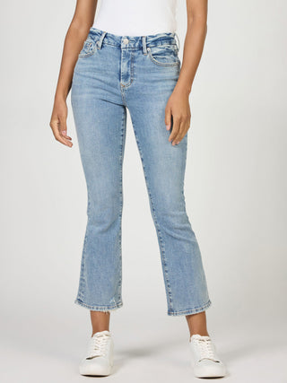 a flattering pair of mid rise cropped light wash denim jeans