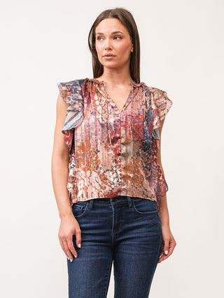 multi colored floral print v neck blouse with ruffle cap sleeve