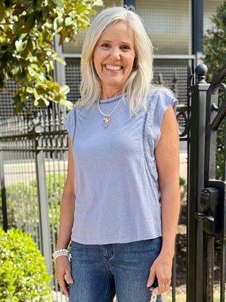 purple sleeveless top with eyelet crew neck 
