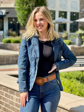 a flattering blue denim jean blazer jacket