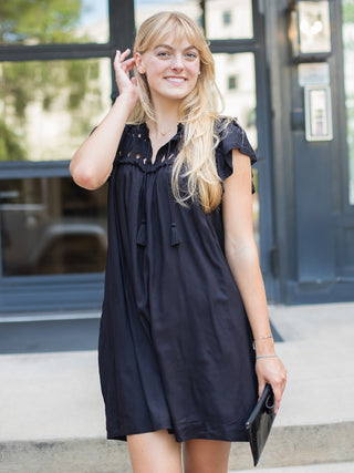 a little black dress with embroidery and a relaxed fit for summer to fall looks