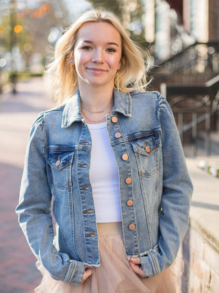 wear this cropped denim jacket with brass buttons as an everyday essential layer in your wardrobe in all seasons