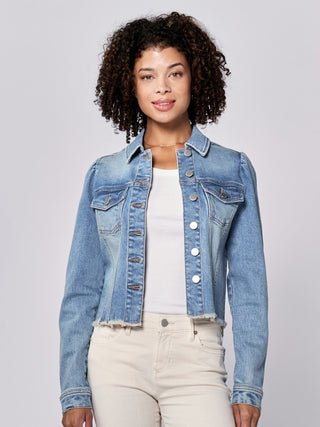 blue denim button up jacket with puff shoulders