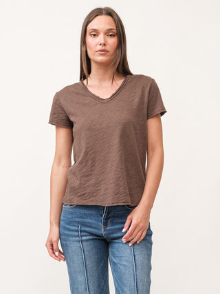 dark olive short sleeve v neck slub tee with raw edges
