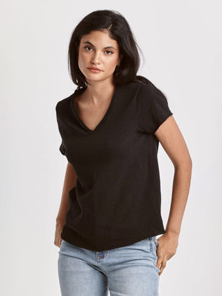 vintage short sleeve slub v neck cotton tee in black