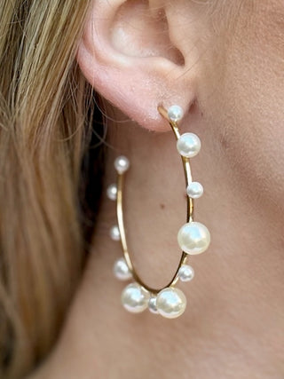 gold hoop earrings with scattered pearl beads