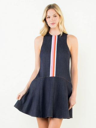 a flattering sporty a line denim dress with contrast stripes down the center