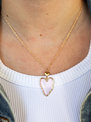 heart necklace in gold with pink tint charm as everyday jewelry or gift to your mom daughter or sister
