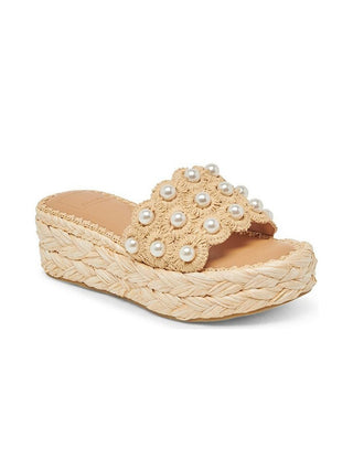 tan caper pearl embellished raffia platform slides