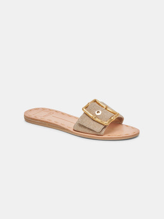 retro chic summer sandal with minimal design and oversized gold buckle