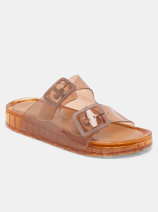 brown jelly vinyl sandals with two buckles