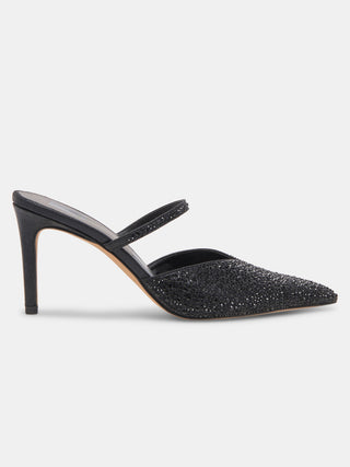 a sparkling black metallic heel with a pointed silhouette and crystal detail