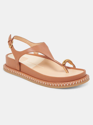 tan flip flop sandal with back buckle and gold toe accent