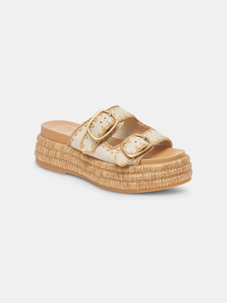 cream and raffia sand nubuck leather platform sandals with gold buckle detailing