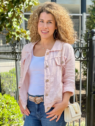 blush pink linen button up long sleeve collared jacket