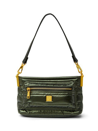 an organized pearl olive hand bag with a detachable strap