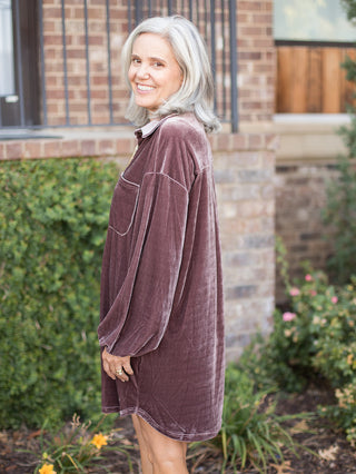 Dreamweaver Velvet Shirt Dress - Mocha Brown