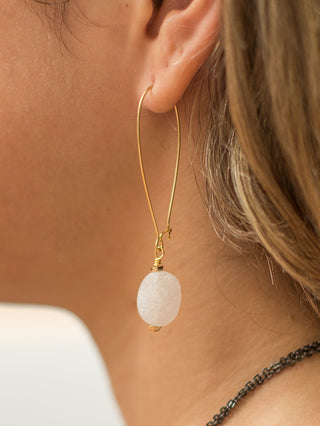 a pair of gold drop earrings featuring white druzy stones 