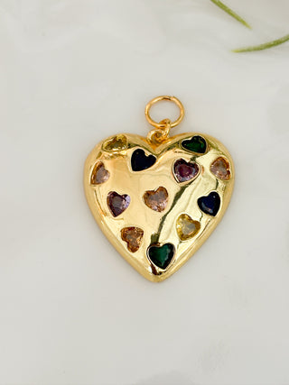 gold puff heart charm with mini colorful crystal hearts