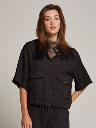 black button up short sleeve shacket