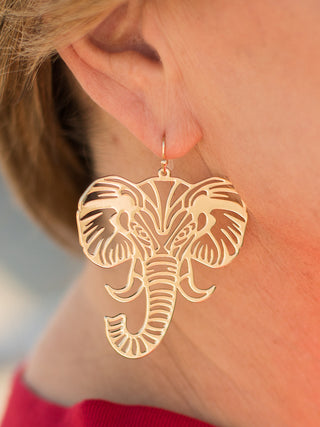 a pair of gold elephant mascot statement earrings perfect for roll tide fans and game day fashion