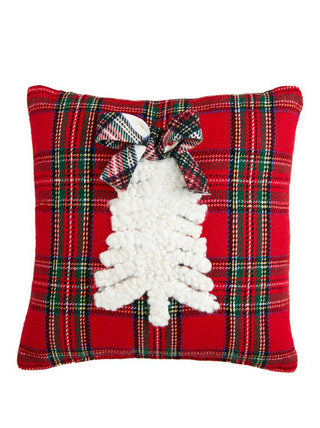a mini holiday decorative pillow with an embroidered christmas tree image