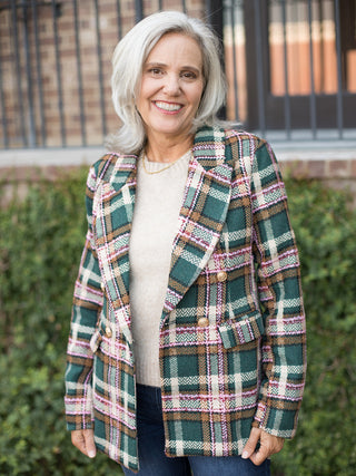 this is the perfect christmas coat in pine green and red plaid with gold statement buttons perfect for holiday season outfits