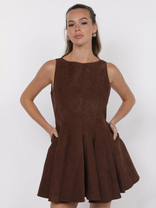brown sleeveless mini dress with pleated skirt 