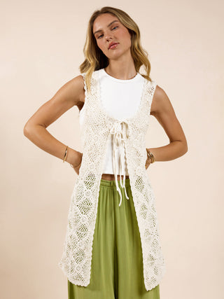 long white crochet front tie cardigan