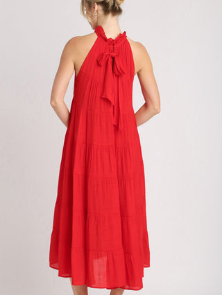 flirty cherry red maxi dress with a halter neck and charming bow tie detail in the back