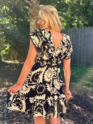 Fleur Noir Mini Dress - Black