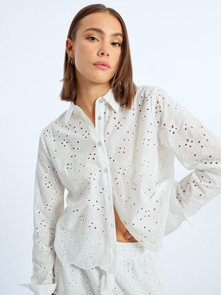 white long sleeve button up eyelet blouse 