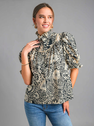 a scalloped black floral print top with a high sophisticated collar and half sleeve