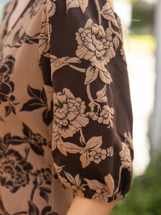 Floral Flare Jacquard Dress - Brown