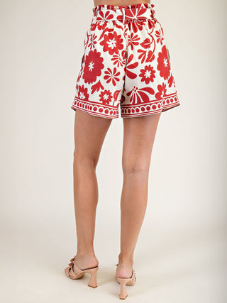 Floral Frolic Belted Shorts - Ivory/Red