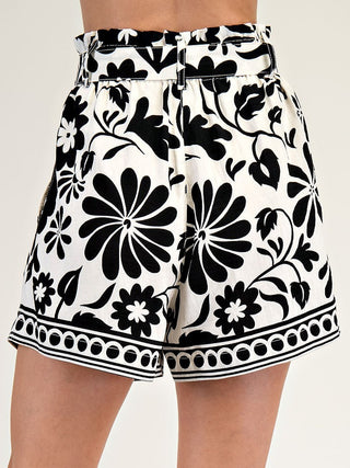 Floral Frolic Belted Shorts - Ivory/Black
