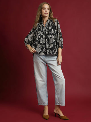 Floral Smocking Detail Blouse - Black
