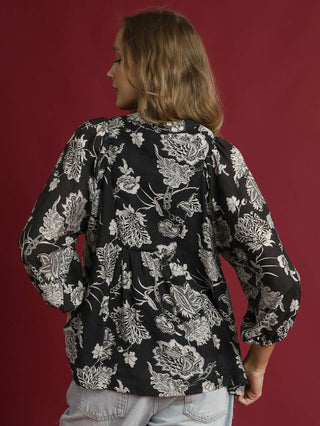 Floral Smocking Detail Blouse - Black